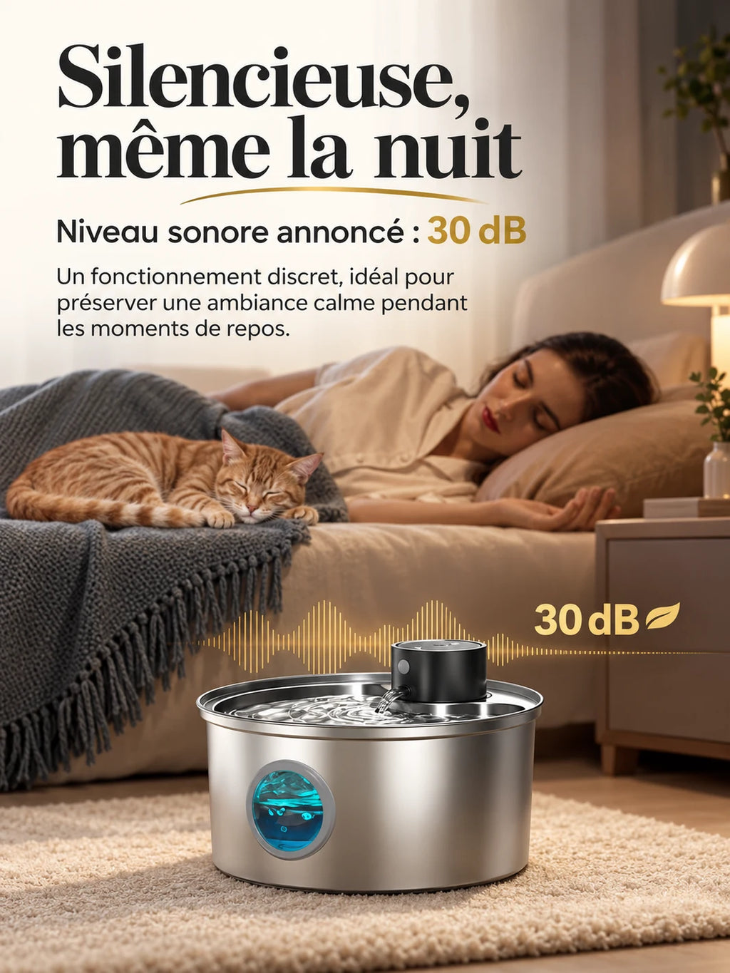 Fontaine Enduréa fonctionnant à 30 dB près d’un chat endormi.