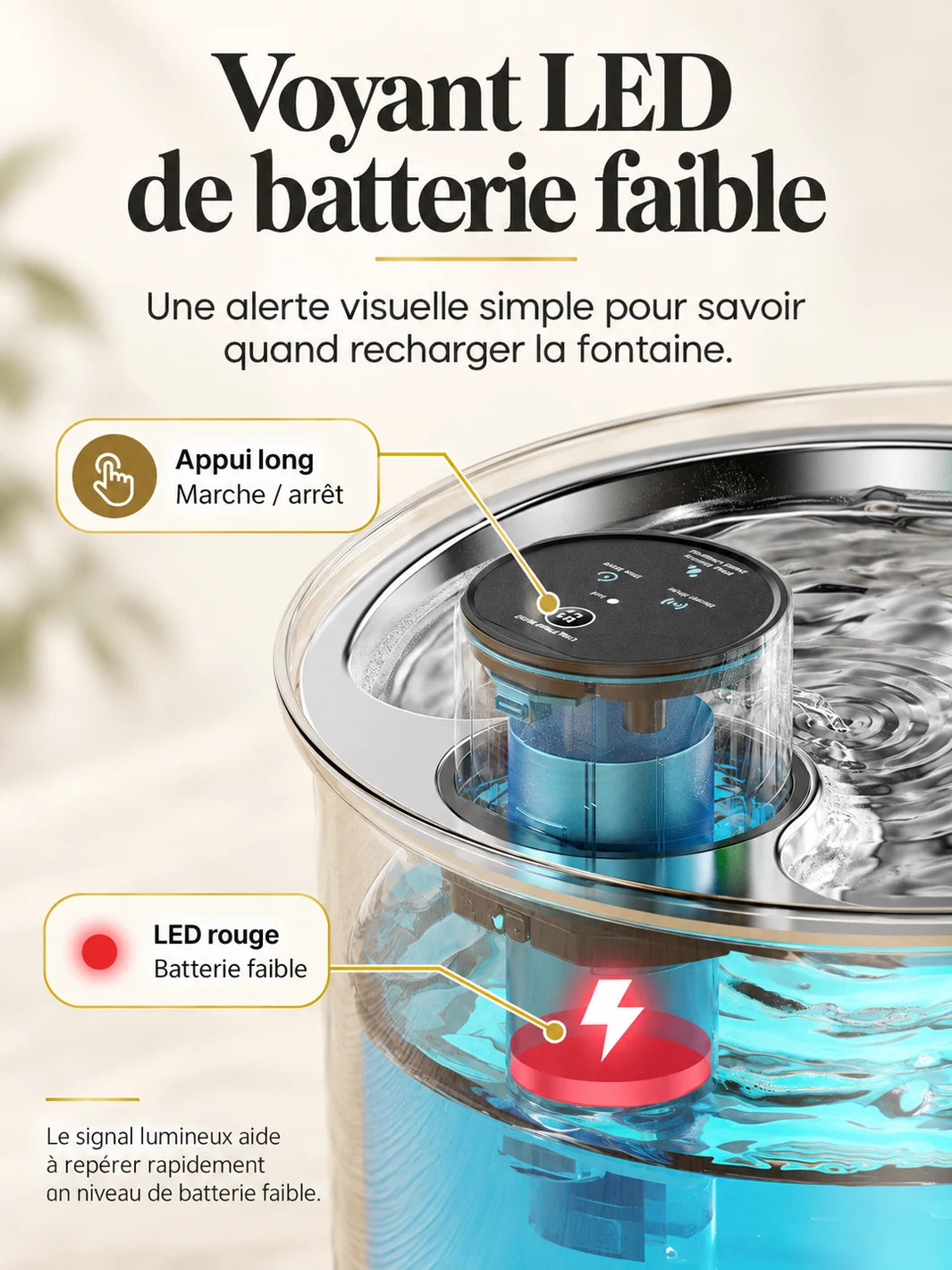 Gros plan du voyant LED rouge de batterie faible sur le module de la fontaine Enduréa.