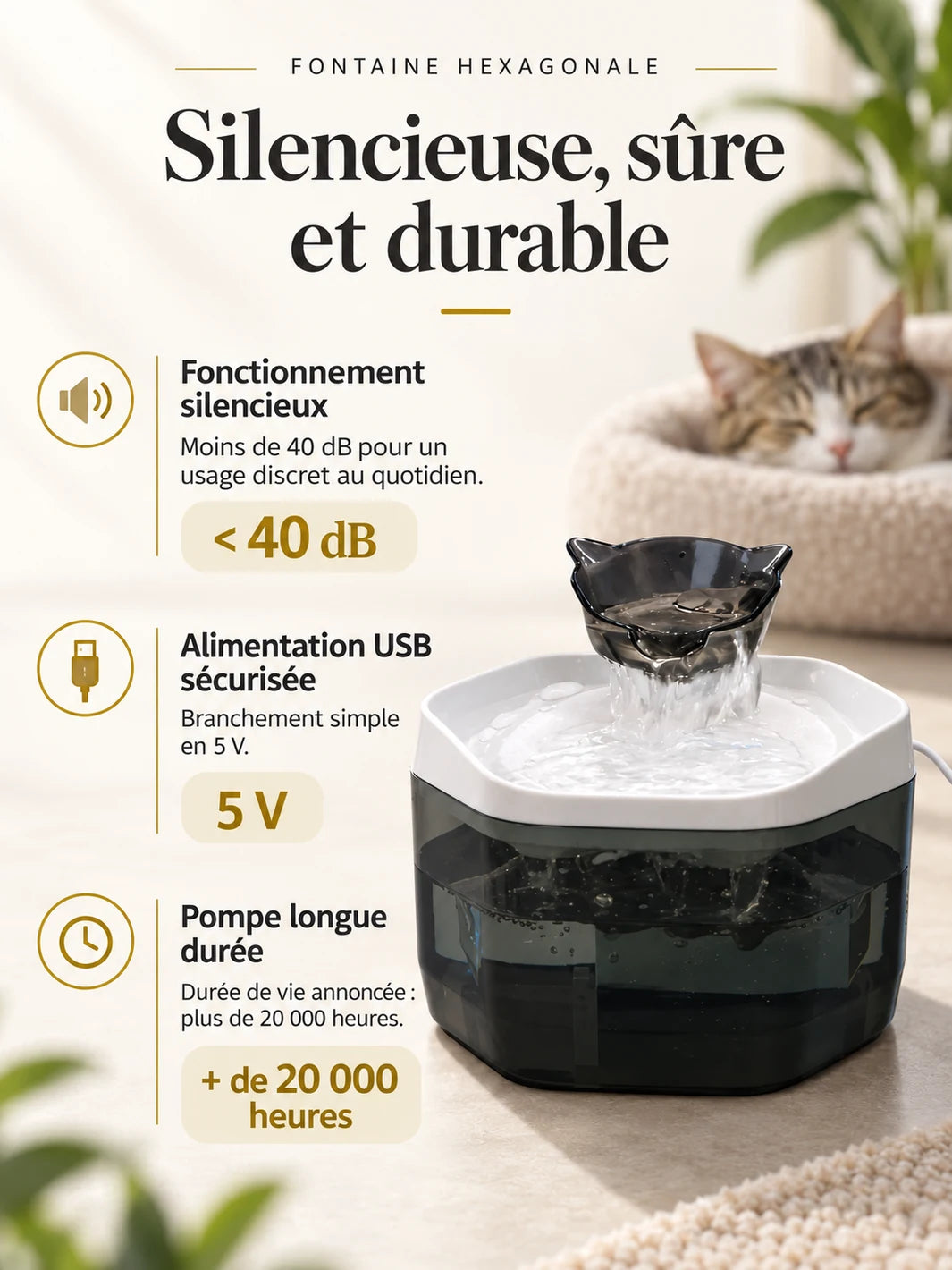 Fontaine à eau Fumélia avec niveau sonore annoncé à moins de 40 dB et alimentation USB 5 V.