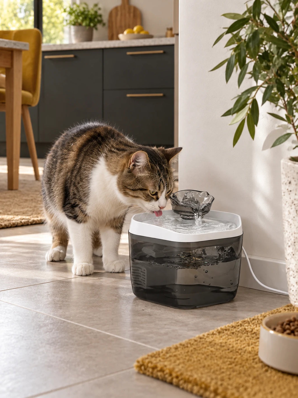 Chat buvant dans la fontaine à eau grise Fumélia installée dans un coin repas contemporain.
