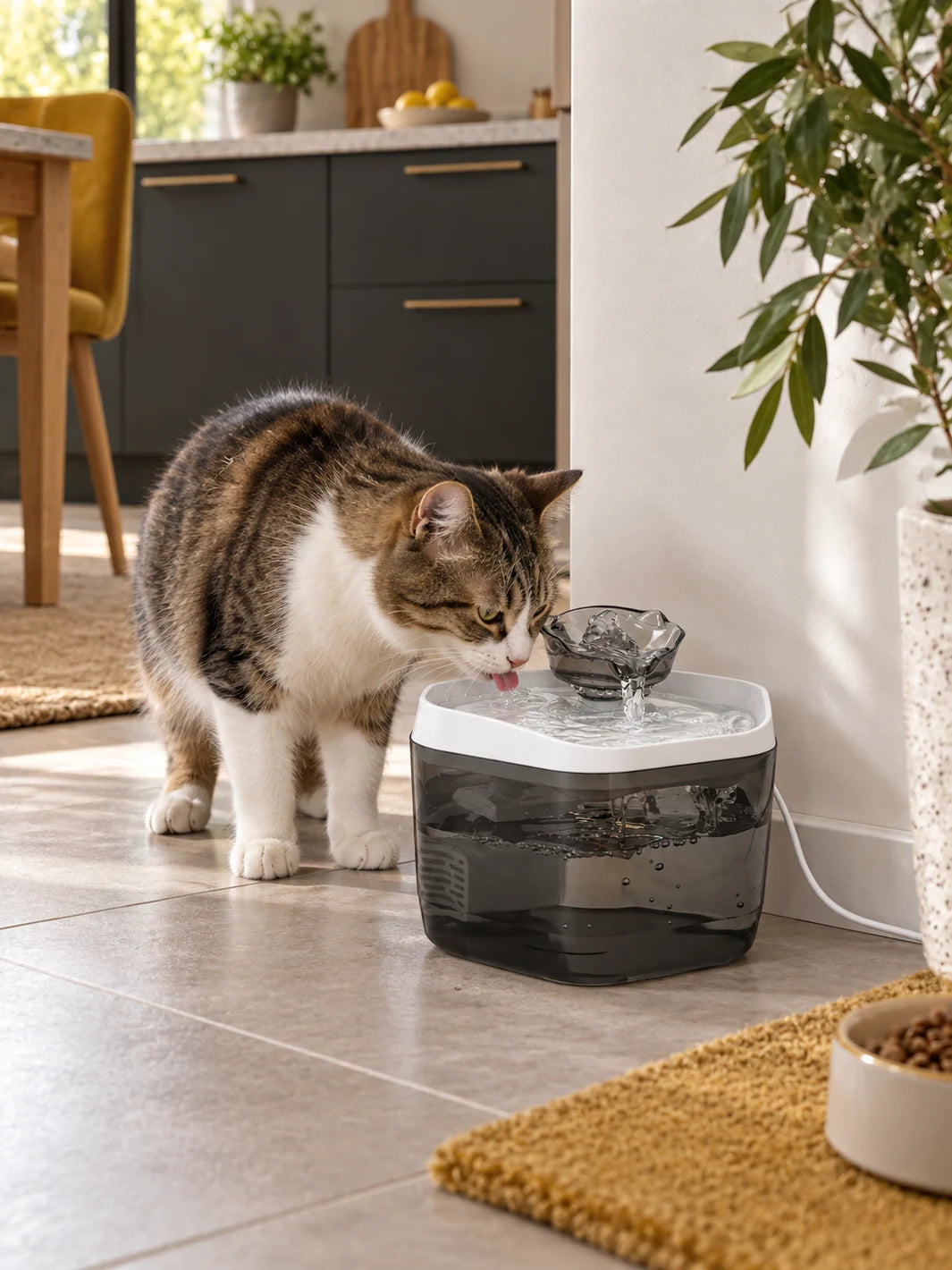 Chat buvant dans la fontaine à eau grise Fumélia installée dans un coin repas contemporain.