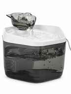 Fontaine à eau pour chat grise hexagonale Fumélia de 1,2 L avec fleur fumée, sur fond blanc.