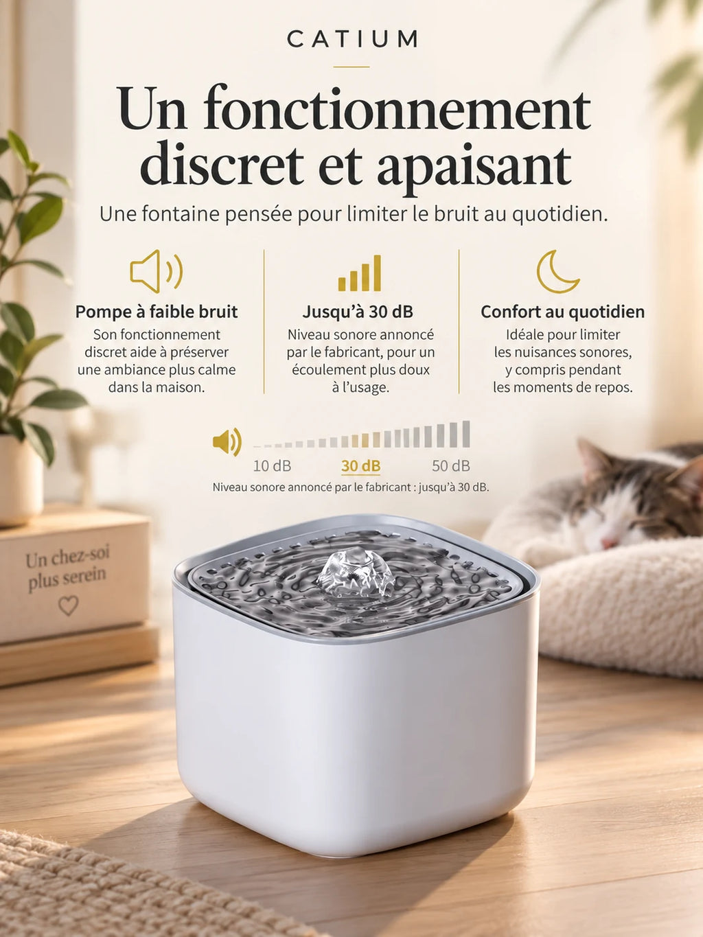 Fontaine à eau Jadélia avec niveau sonore annoncé jusqu’à 30 dB.