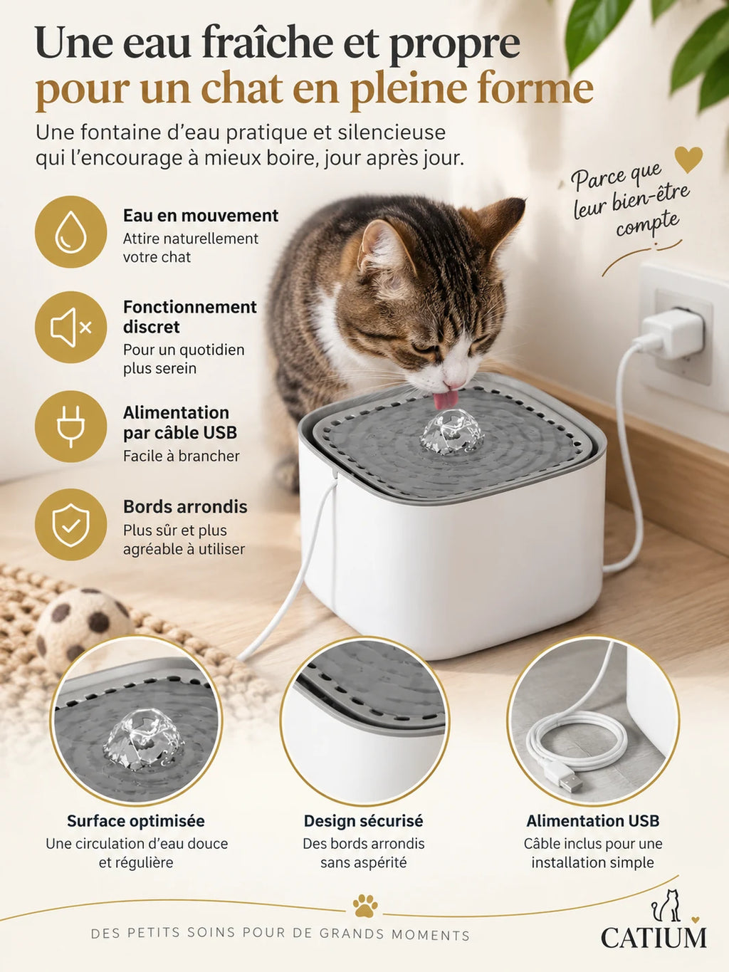 Fontaine verte Jadélia avec alimentation USB, écoulement central et bords arrondis.