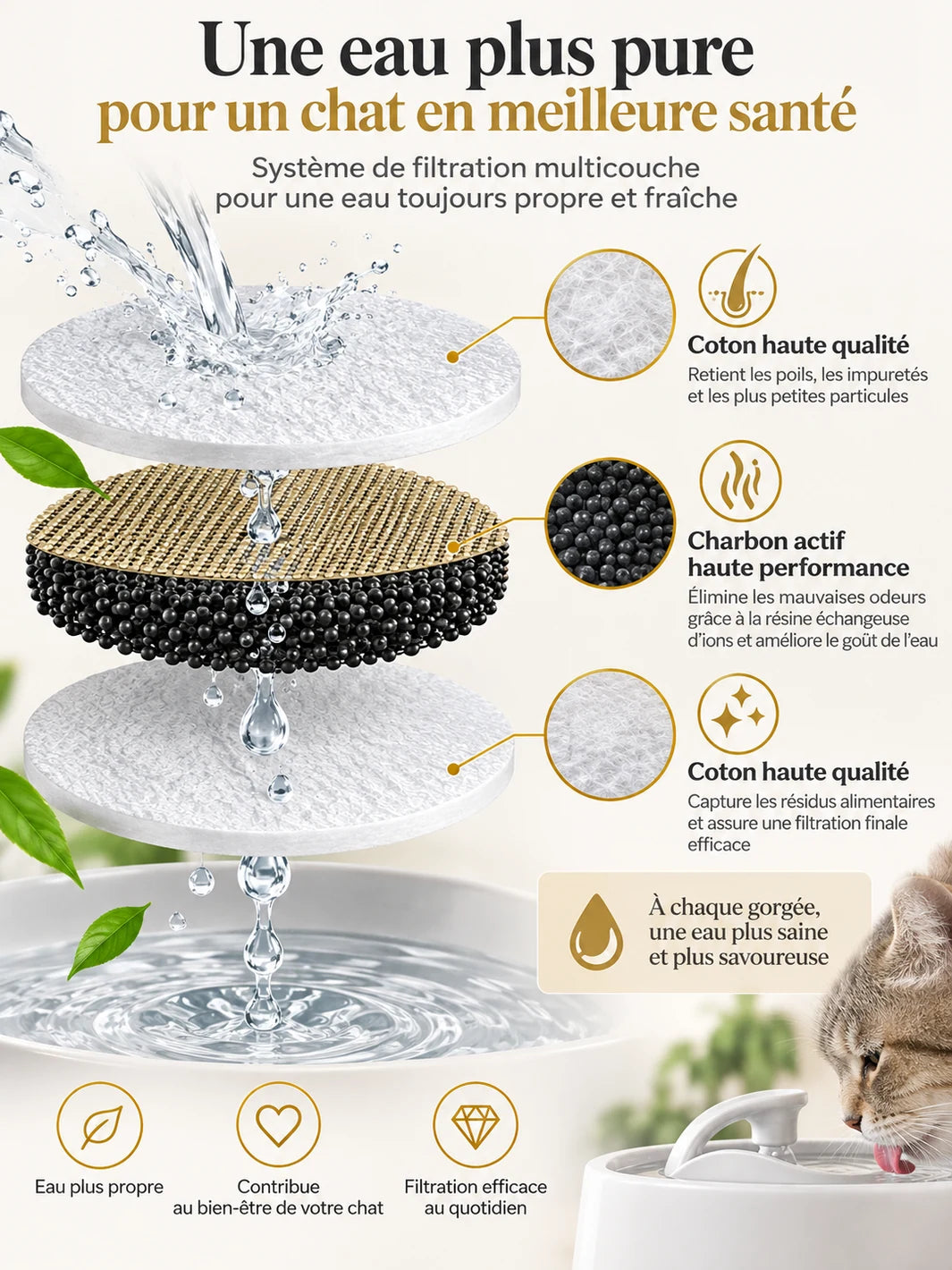 Filtration multicouche en coton et charbon actif de la fontaine Mobiléa.