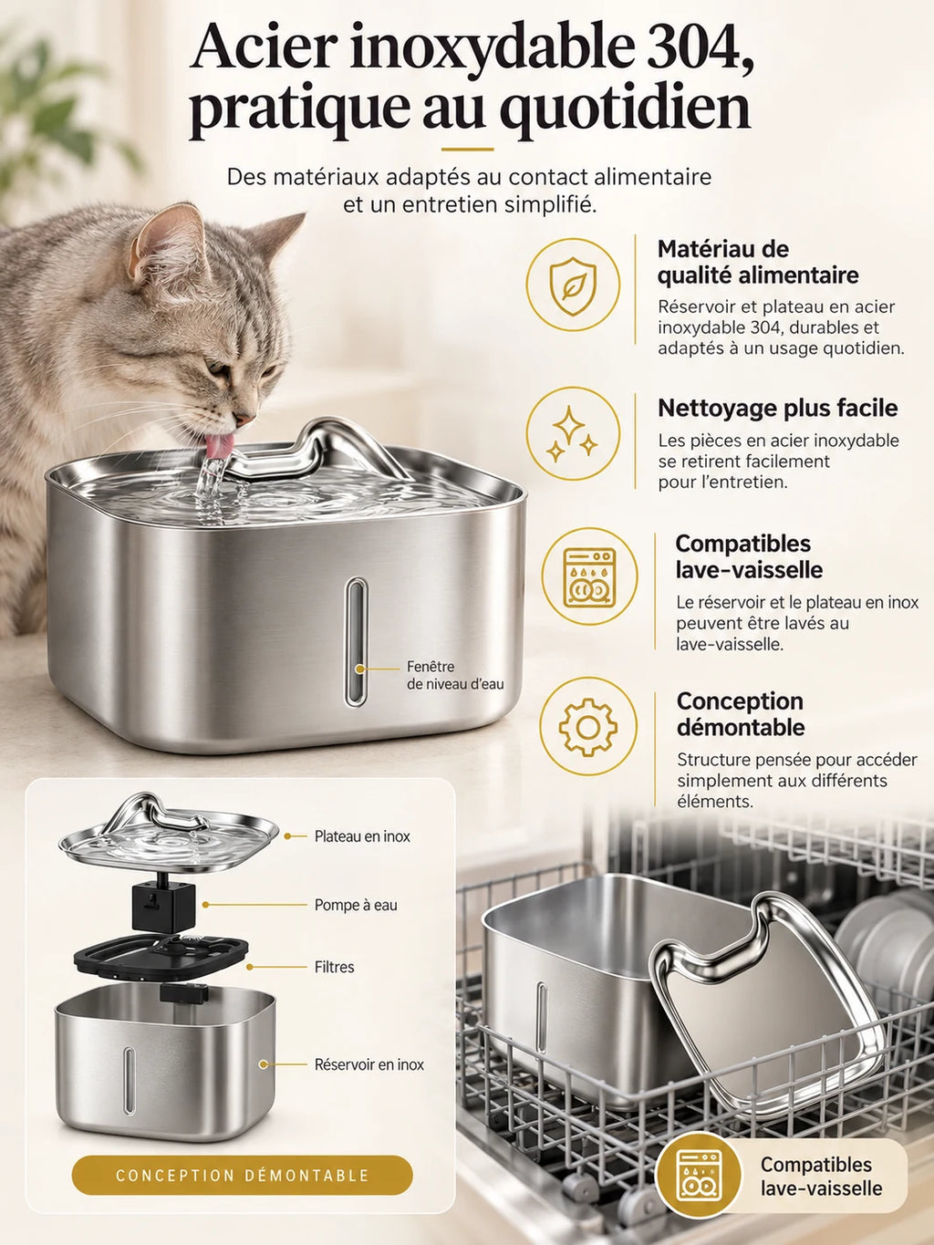 Bac en inox 304 amovible et éléments internes de la fontaine à eau Mobiléa.
