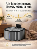 Fontaine Mobiléa fonctionnant à un niveau sonore annoncé de 28 dB près d’un chat au repos.