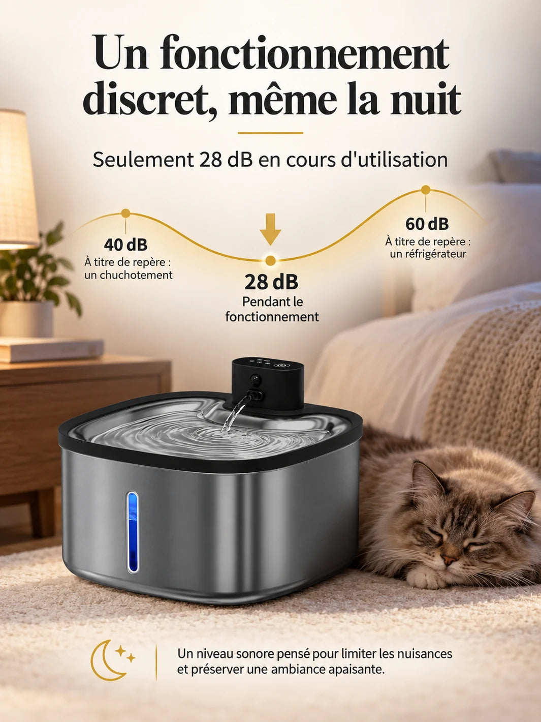 Fontaine Mobiléa fonctionnant à un niveau sonore annoncé de 28 dB près d’un chat au repos.