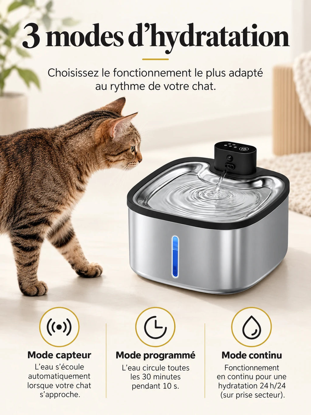 Modes capteur, programmé et continu de la fontaine à eau pour chat Mobiléa.