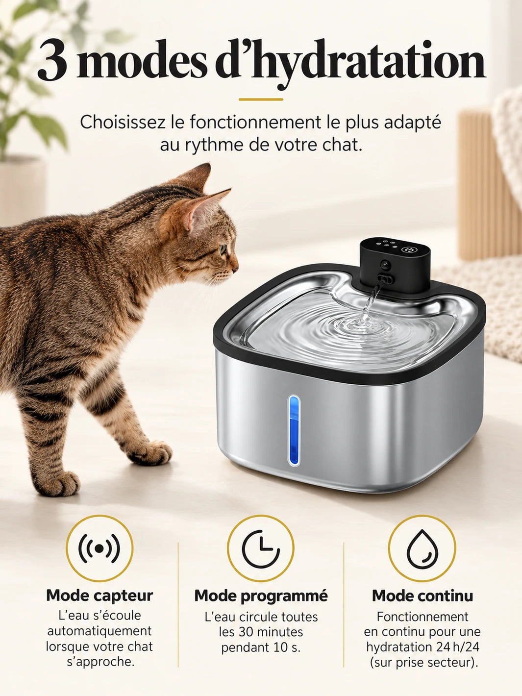 Modes capteur, programmé et continu de la fontaine à eau pour chat Mobiléa.