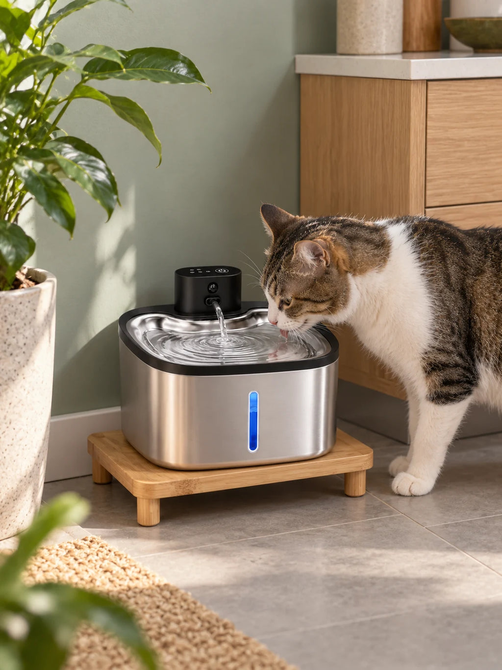 Chat buvant dans la fontaine sans fil Mobiléa installée sur un support en bois.
