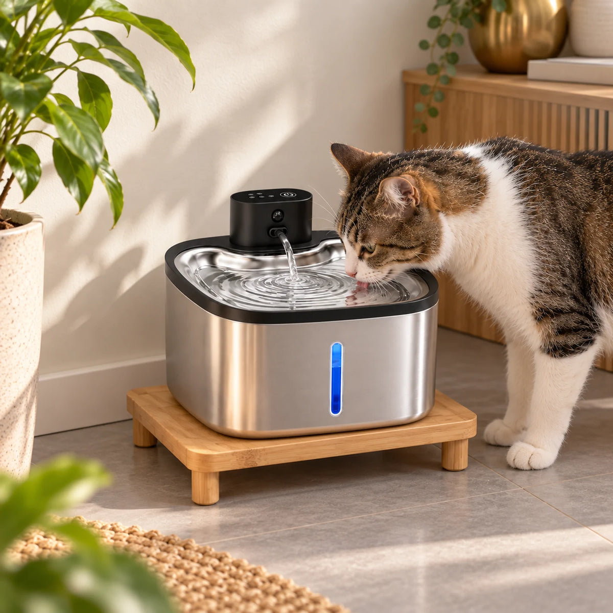 Chat buvant dans la fontaine sans fil Mobiléa installée près d’un meuble.