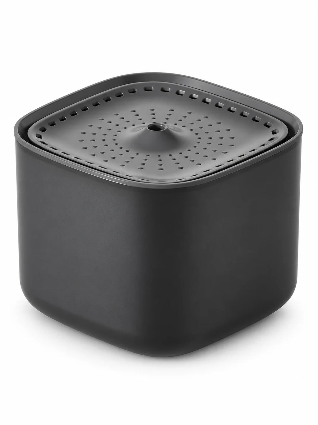 Fontaine à eau pour chat noire carrée Ébénia de 2 L, présentée sur fond blanc.