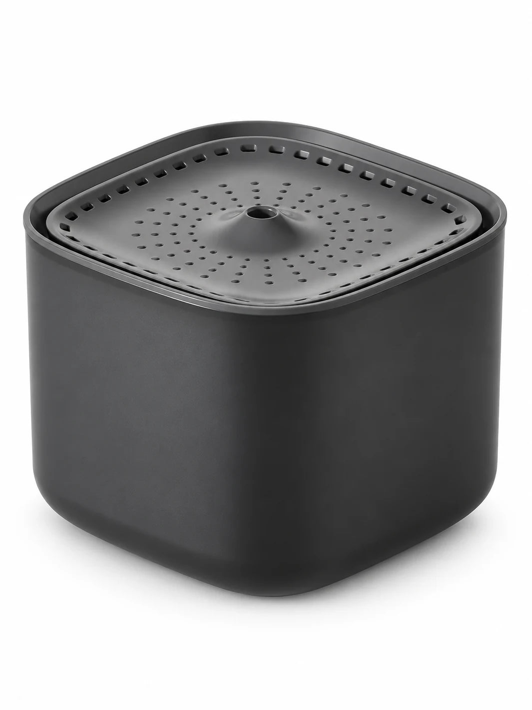 Fontaine à eau pour chat noire carrée Ébénia de 2 L, présentée sur fond blanc.