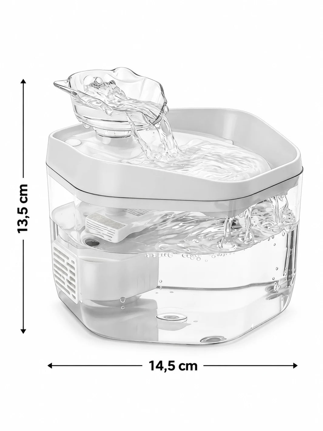 Dimensions de la fontaine Perléa : 14,5 cm de largeur et 13,5 cm de hauteur.