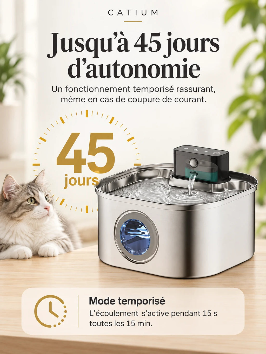 Fontaine Quadréa avec autonomie annoncée jusqu’à 45 jours et mode temporisé.