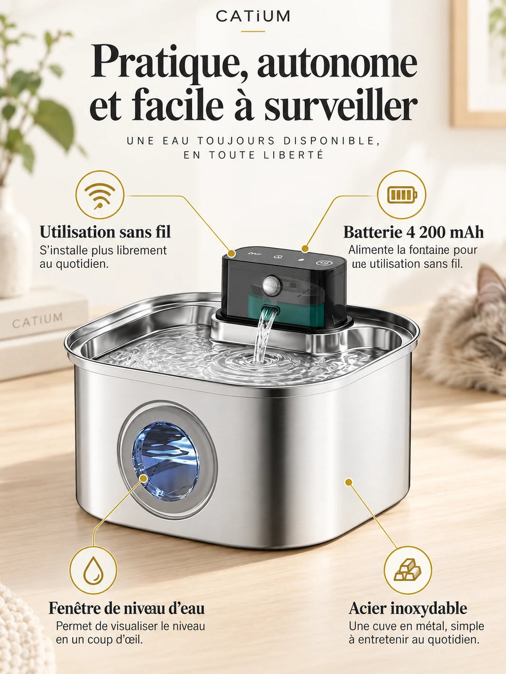 Fontaine Quadréa sans fil avec batterie de 4 200 mAh et fenêtre frontale de niveau d’eau.