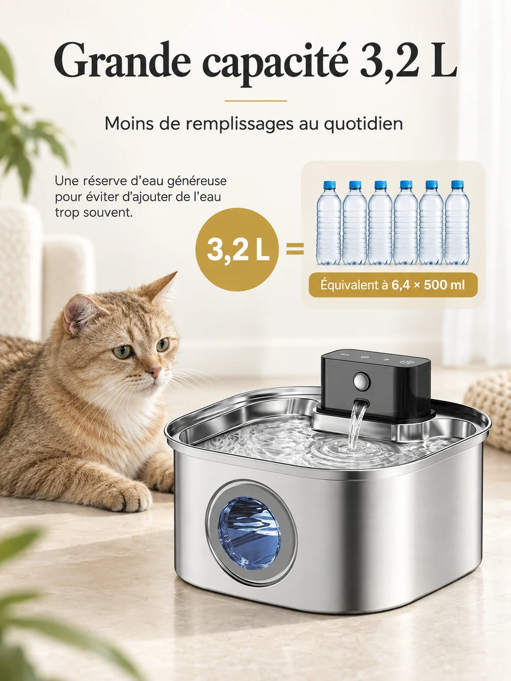 Fontaine Quadréa en inox avec présentation de sa capacité de 3,2 L.