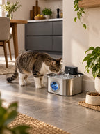 Chat buvant dans la fontaine carrée Quadréa installée près d’un meuble.