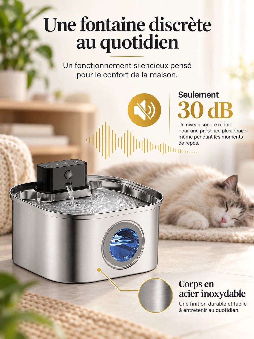 Fontaine Quadréa en inox fonctionnant à 30 dB près d’un chat au repos.