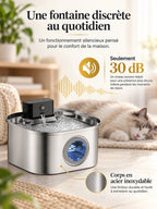 Fontaine Quadréa en inox fonctionnant à 30 dB près d’un chat au repos.