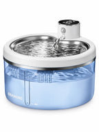 Fontaine à eau pour chat transparente Vigéria de 2,5 L avec plateau en inox et capteur, sur fond blanc.