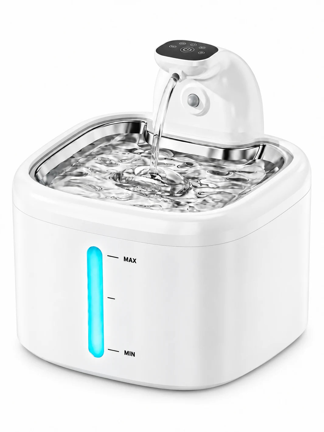 Fontaine à eau pour chat Trioméa blanche de 3,5 L avec bac en inox, sur fond blanc.