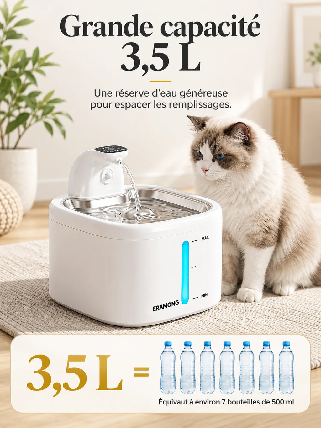 Fontaine Trioméa blanche avec présentation de sa capacité de 3,5 L.