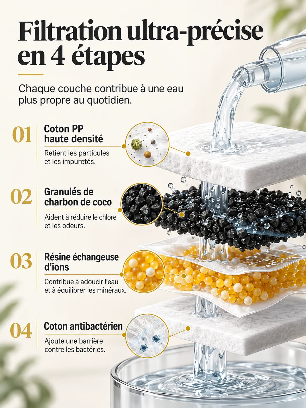 Couches filtrantes de Trioméa avec coton PP, charbon de coco et résine échangeuse d’ions.