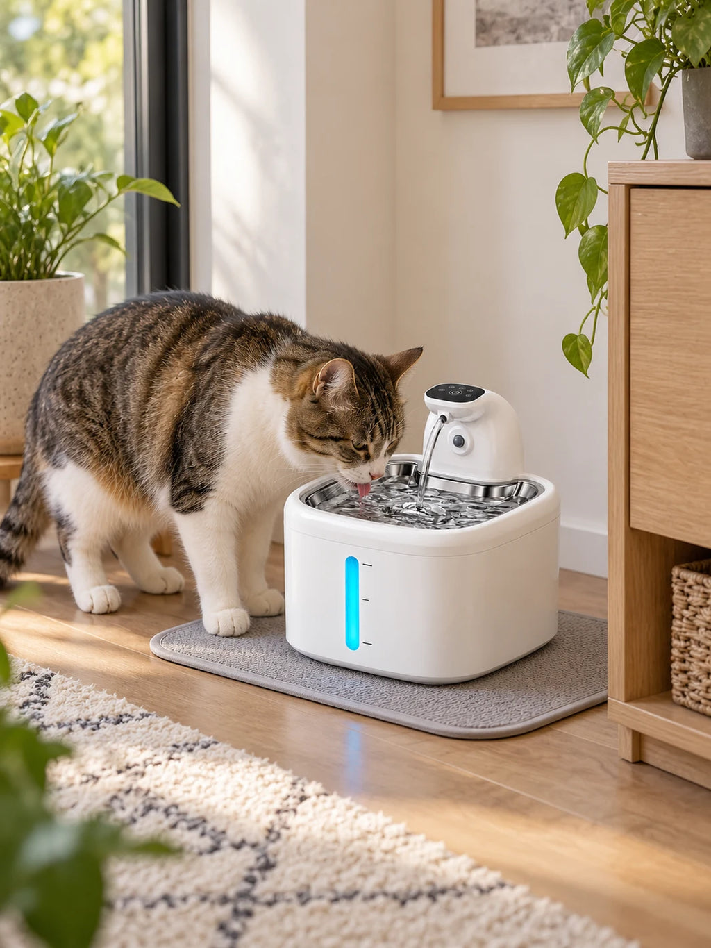 Chat buvant dans la fontaine Trioméa blanche installée dans un coin repas lumineux.