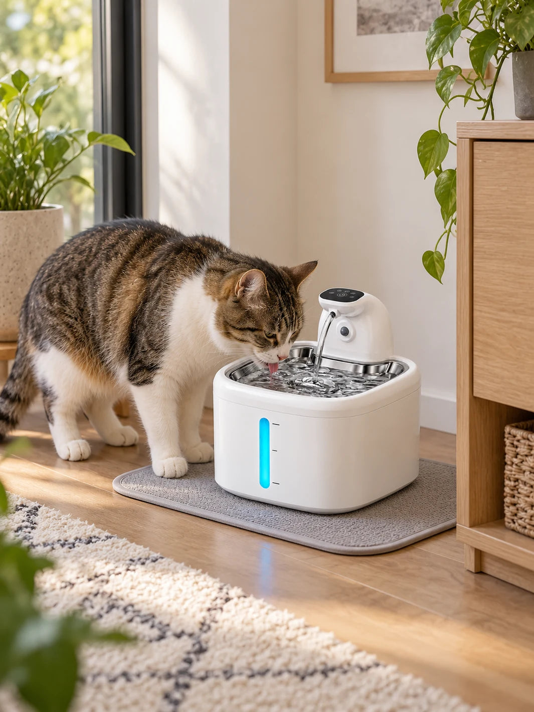 Chat buvant dans la fontaine Trioméa blanche installée dans un coin repas lumineux.