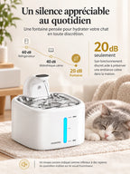 Fontaine Trioméa fonctionnant à 20 dB près d’un chat au repos.