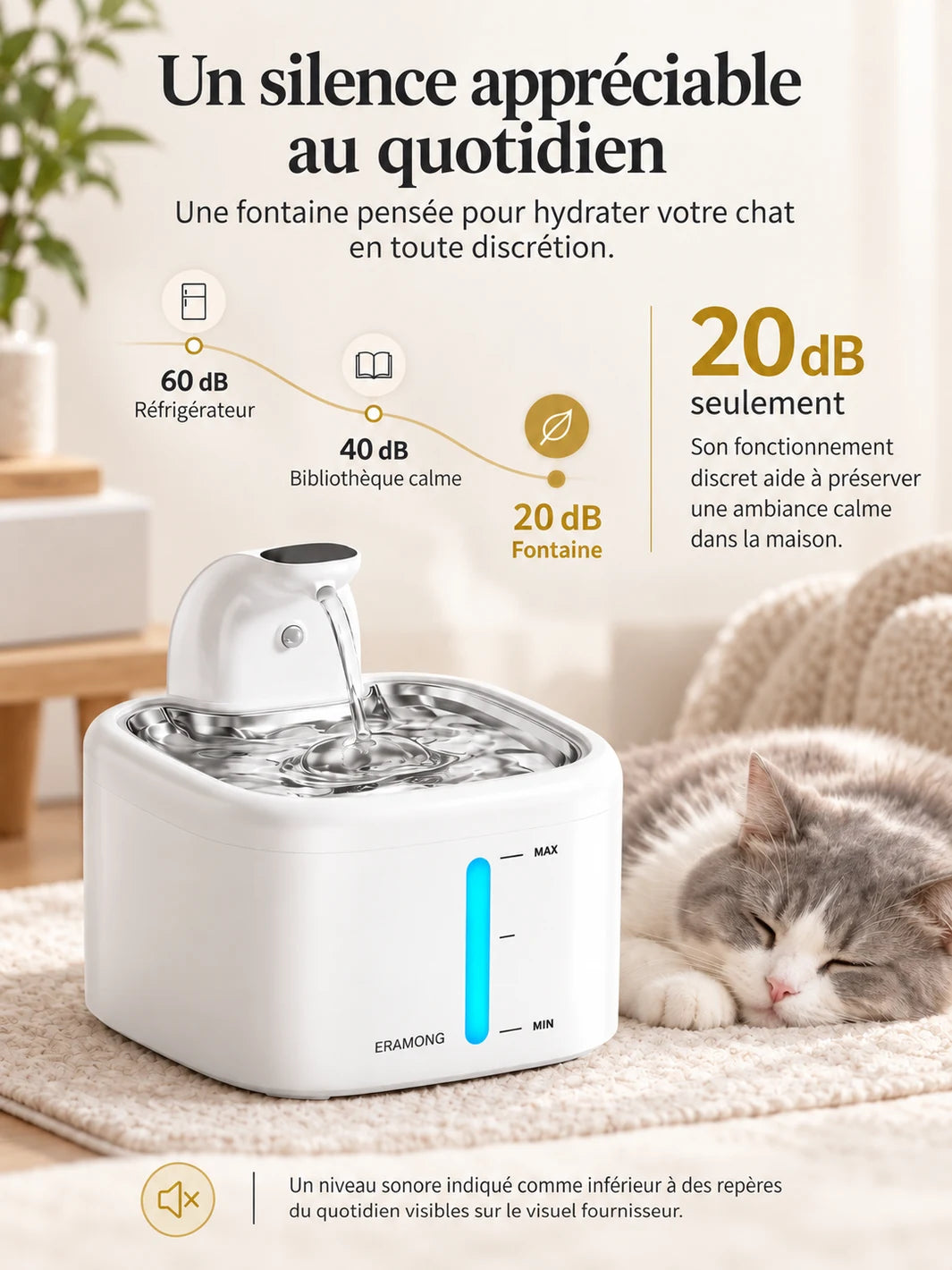 Fontaine Trioméa fonctionnant à 20 dB près d’un chat au repos.