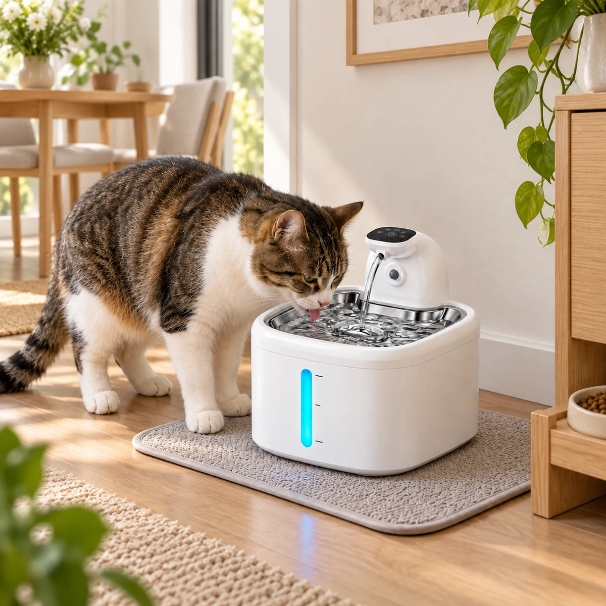 Chat buvant dans la fontaine Trioméa blanche lors de la mise en marche automatique.