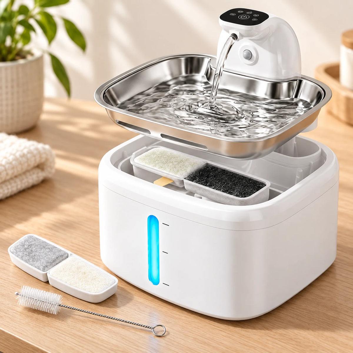 Filtre multicouche et mousses accessibles sous le plateau en inox de la fontaine Trioméa.