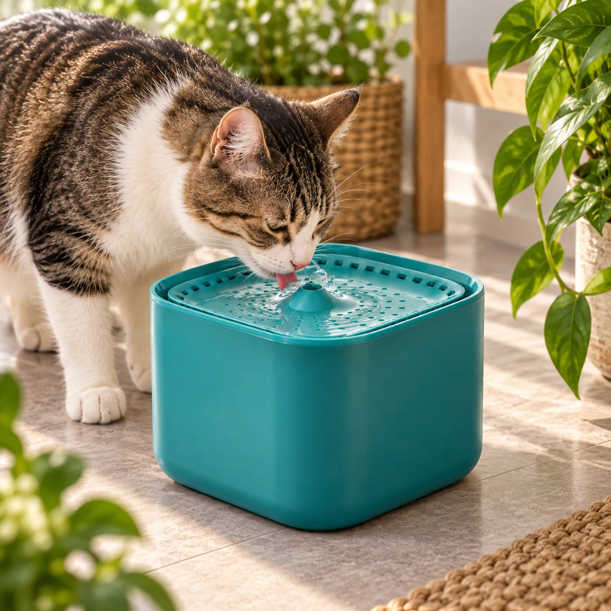 Chat buvant au jet central de la fontaine à eau verte Jadélia.
