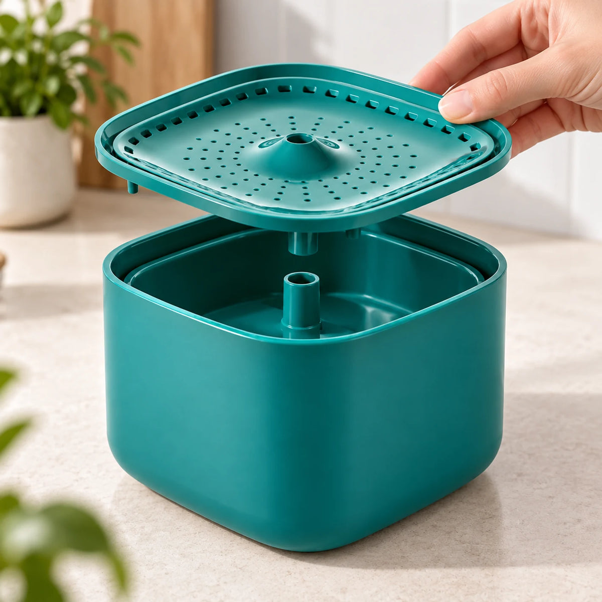 Main retirant le plateau vert amovible de la fontaine Jadélia pour ouvrir la cuve.