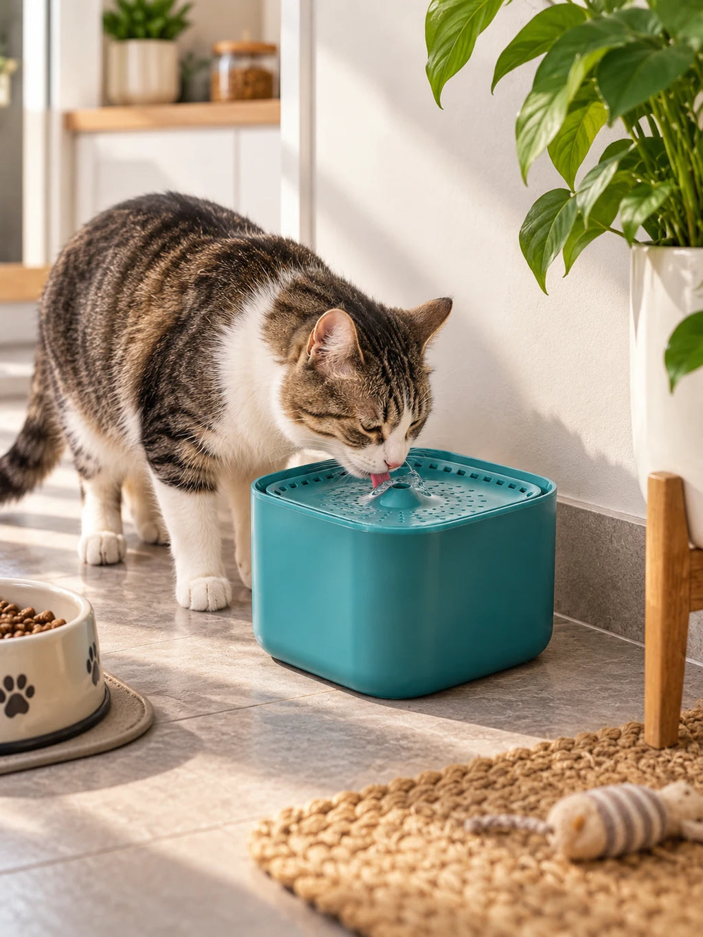 Chat buvant dans la fontaine verte Jadélia installée dans un espace intérieur végétalisé.