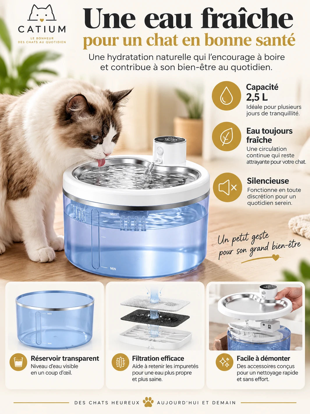 Réservoir transparent de 2,5 L, filtration et accès aux éléments de la fontaine Vigéria.