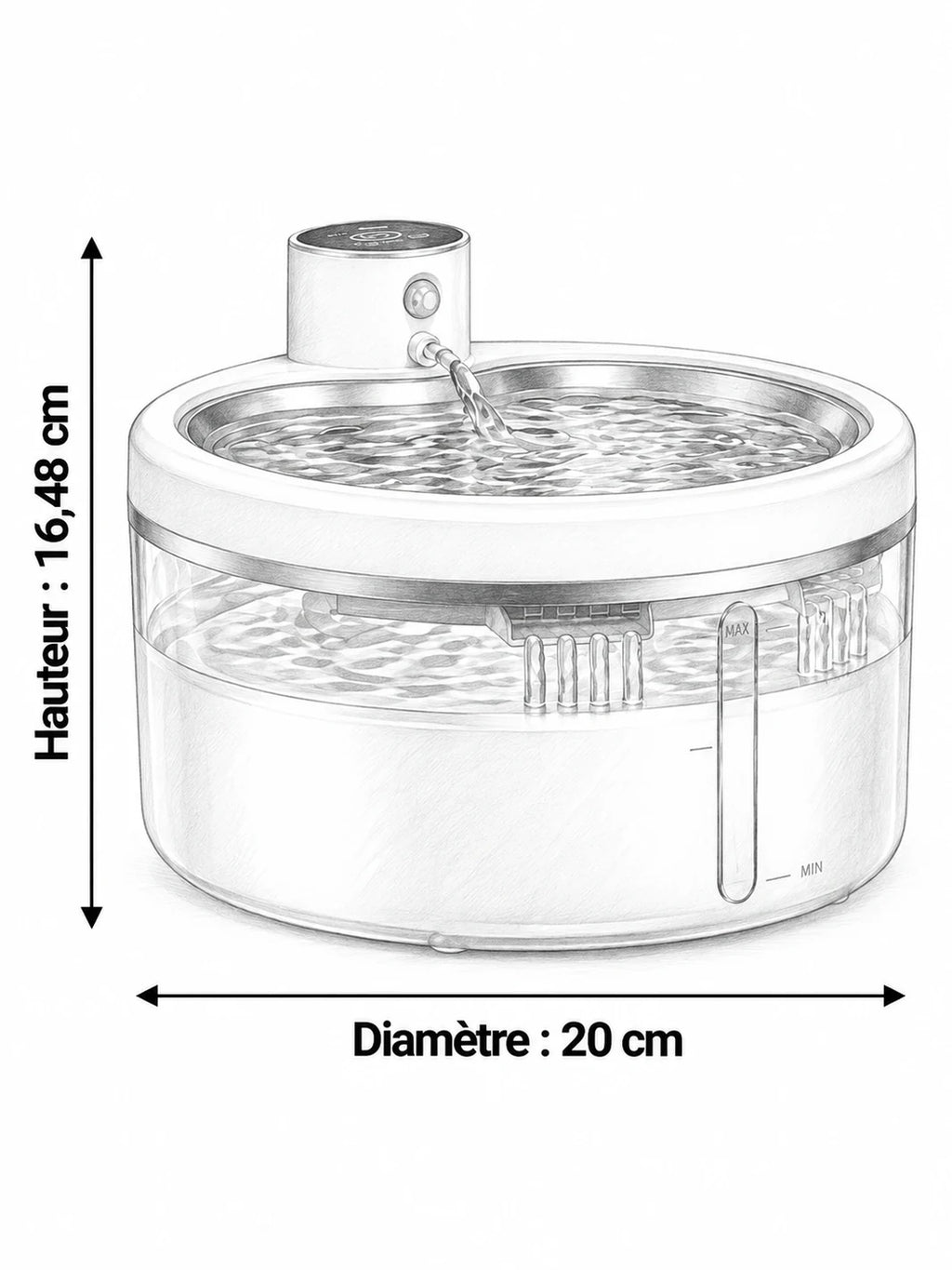 Dimensions de la fontaine Vigéria : 20 cm de diamètre et 16,48 cm de hauteur.