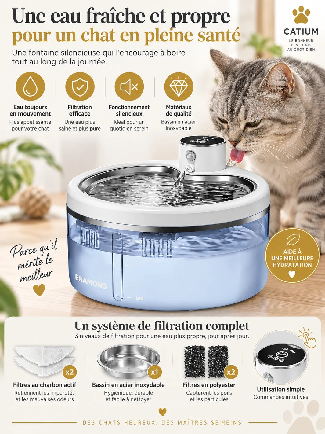 Filtration à trois niveaux, plateau en inox et accessoires de la fontaine à eau Vigéria.