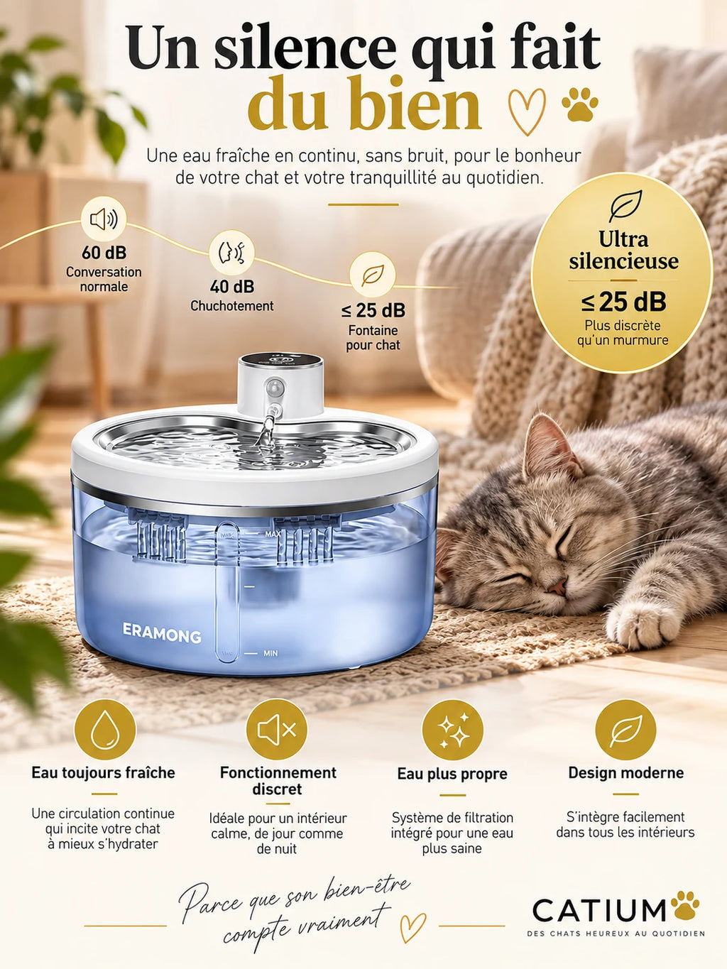 Fontaine Vigéria fonctionnant à un niveau sonore annoncé de 25 dB près d’un chat au repos.