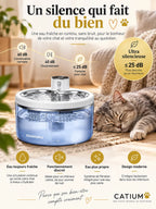 Fontaine Vigéria fonctionnant à un niveau sonore annoncé de 25 dB près d’un chat au repos.