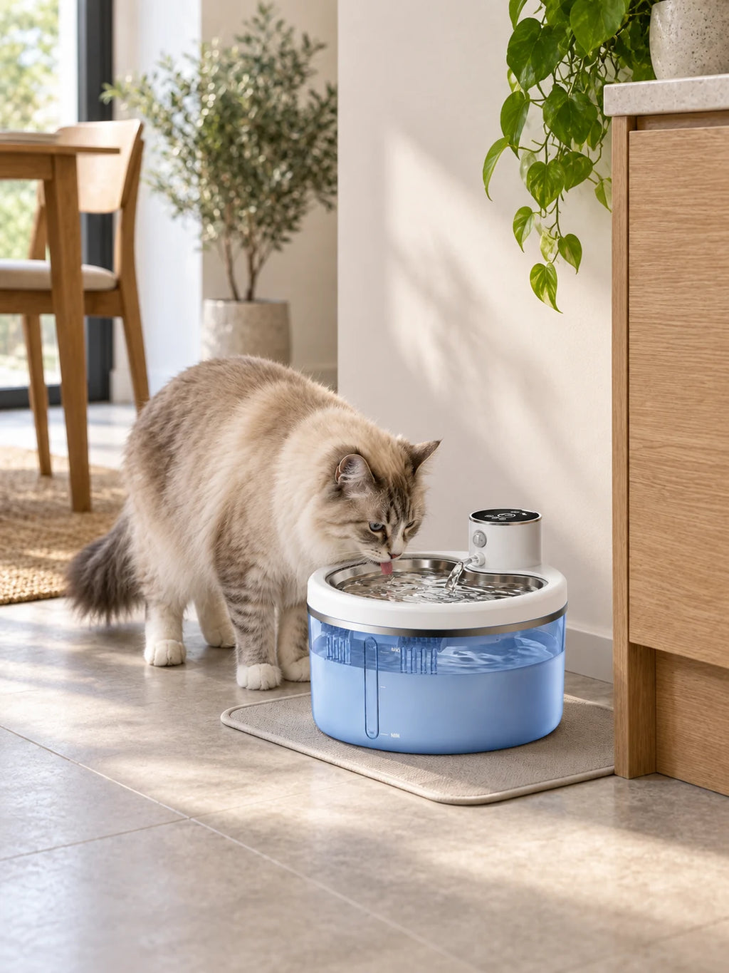 Chat buvant dans la fontaine transparente Vigéria installée dans un coin repas lumineux.