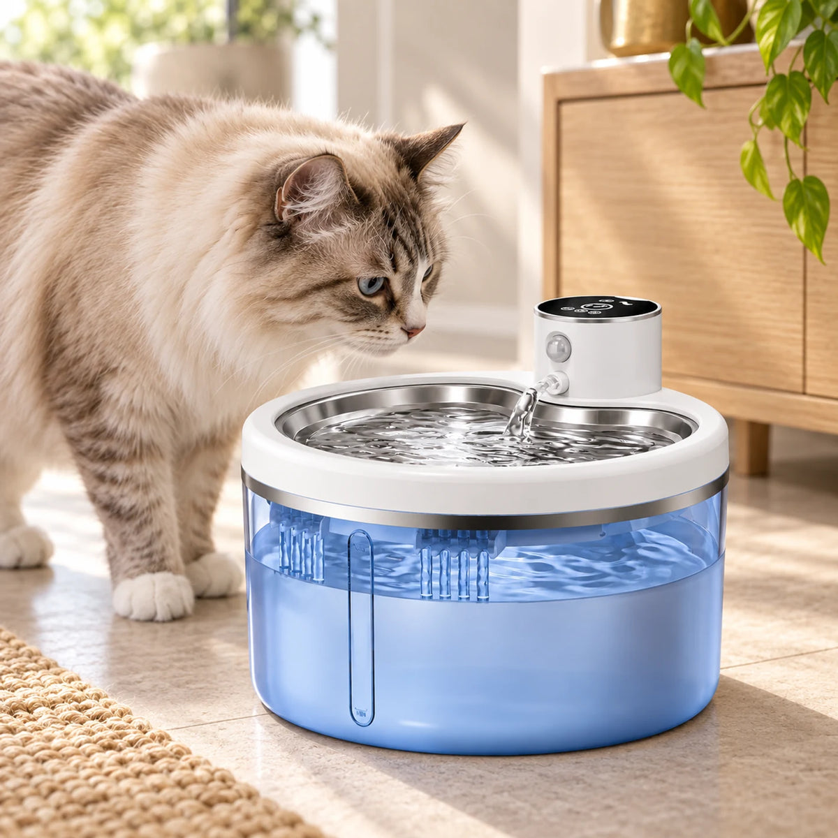Chat approchant la fontaine à eau Vigéria équipée d’un capteur de déclenchement.