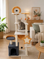 Grand arbre à chat 160 cm Stelloria en ambiance salon avec plateformes et jouets étoilés