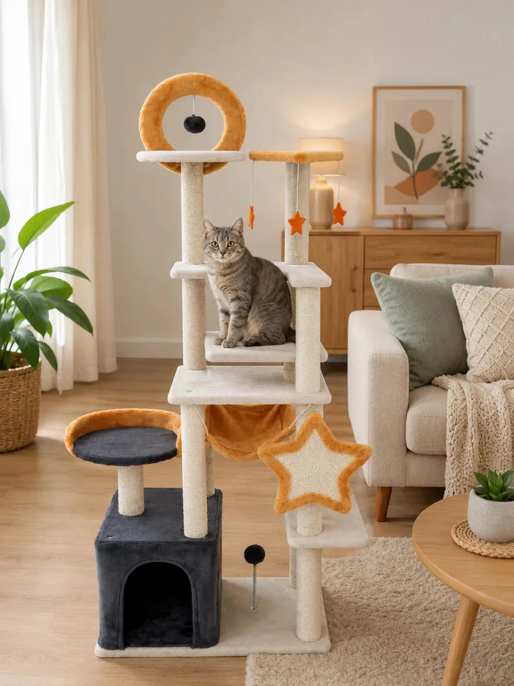 Grand arbre à chat 160 cm Stelloria en ambiance salon avec plateformes et jouets étoilés