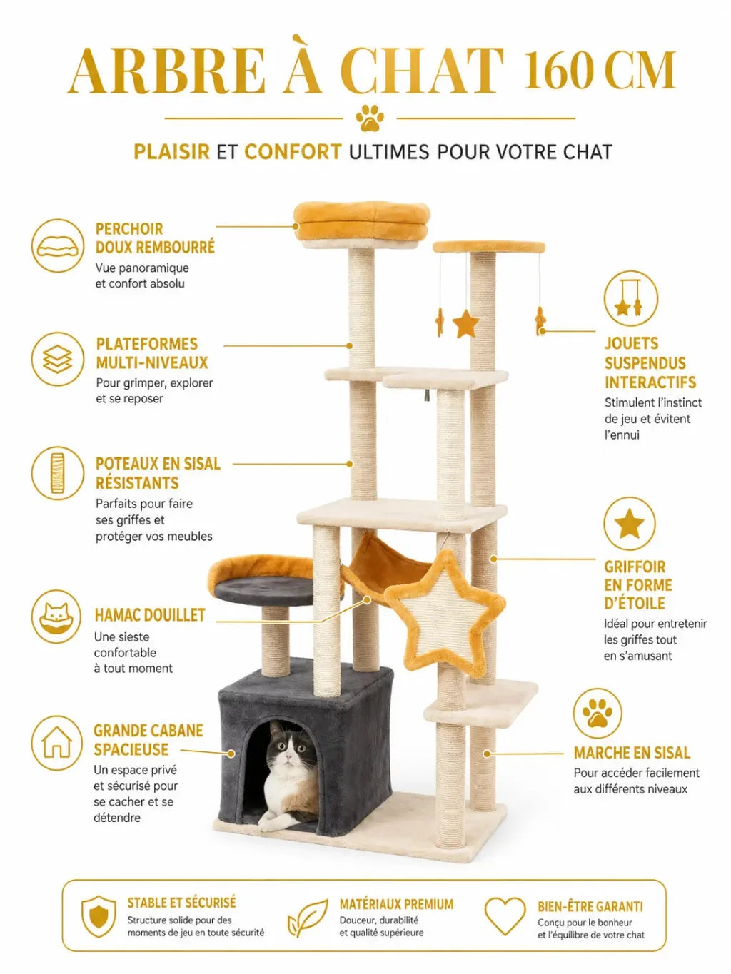Bénéfices du grand arbre à chat 160 cm Stelloria avec niche, hamac, sisal et jouets