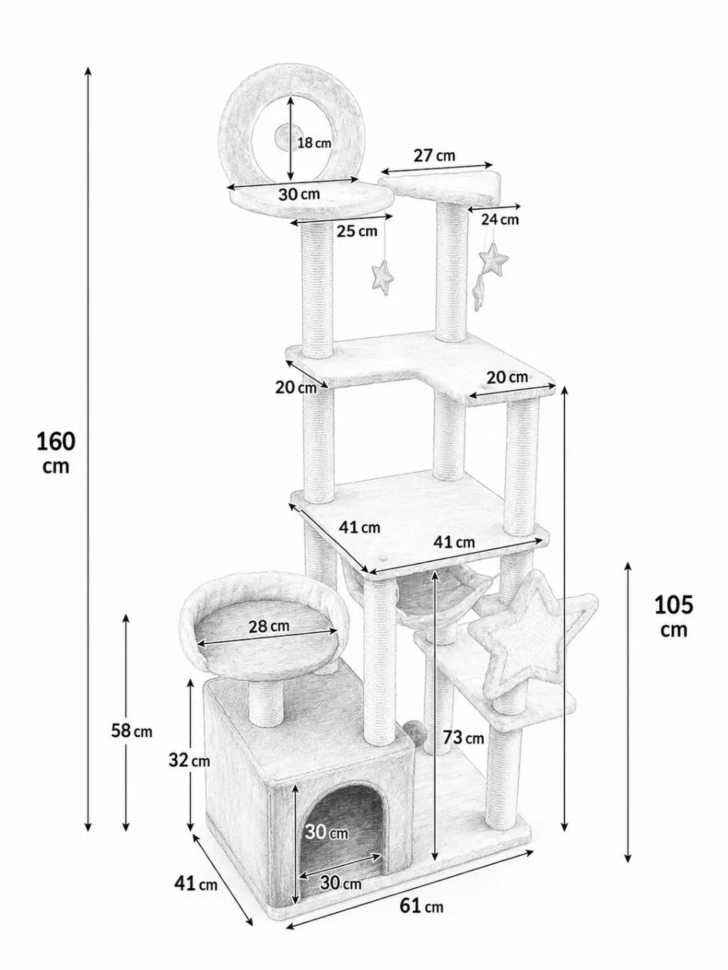 Dimensions du grand arbre à chat 160 cm multi-niveaux avec hamac Stelloria