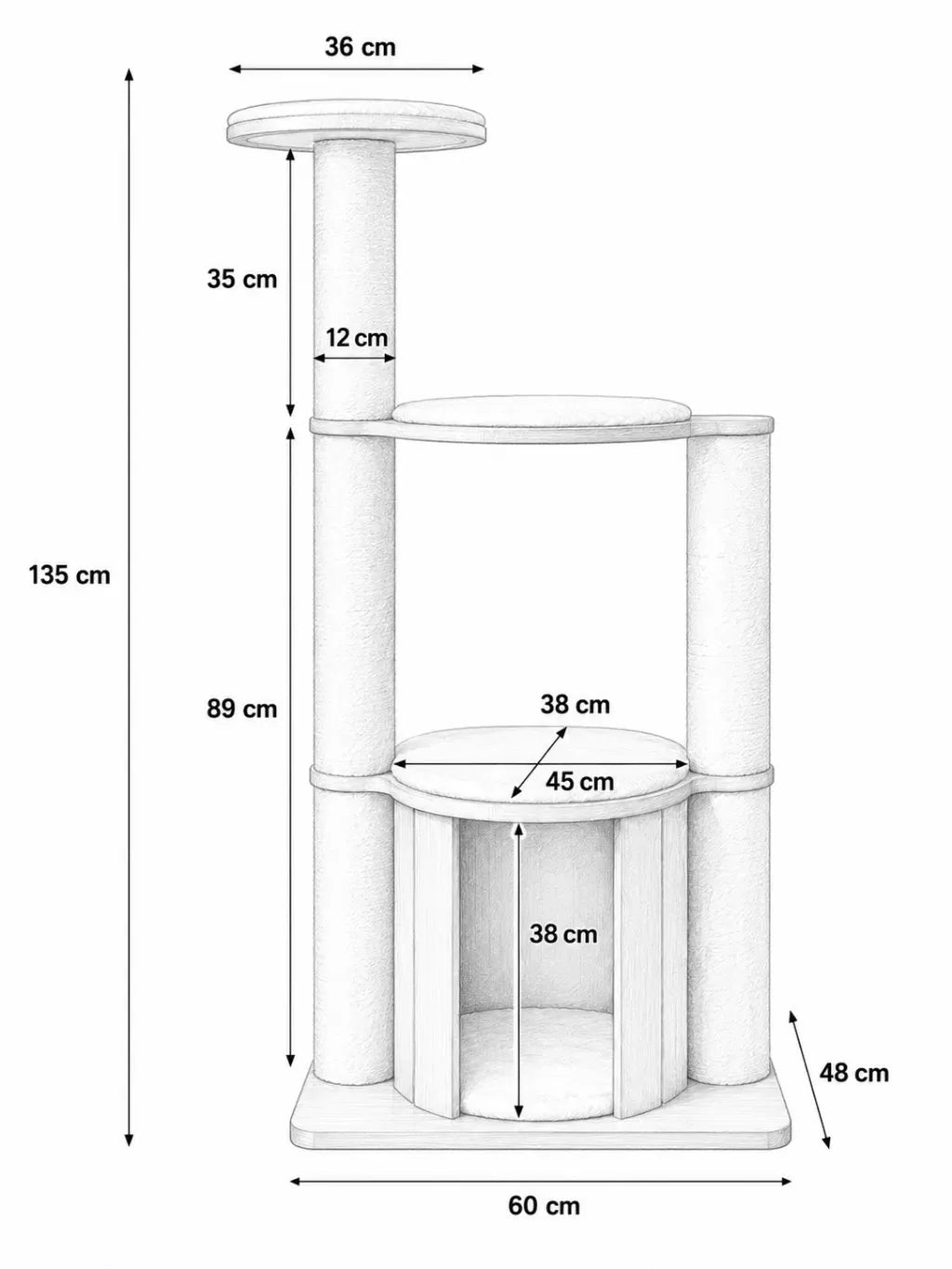 Dimensions du grand arbre à chat bois Robustia : 60 × 48 × 135 cm avec niche et trois plateformes